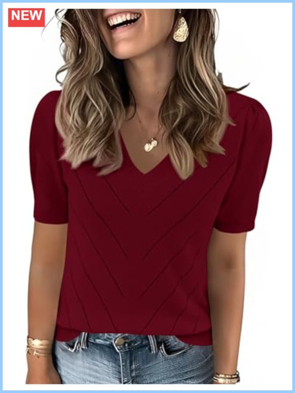 Womens Puff Short Sleeve V Neck Lightweight Knit Summer Pullover Sweater Top